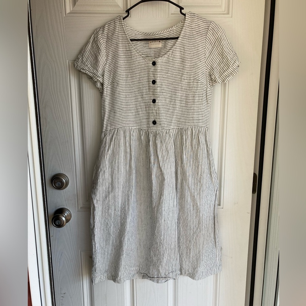 OffOn Striped Short Sleeve linen Button Dress